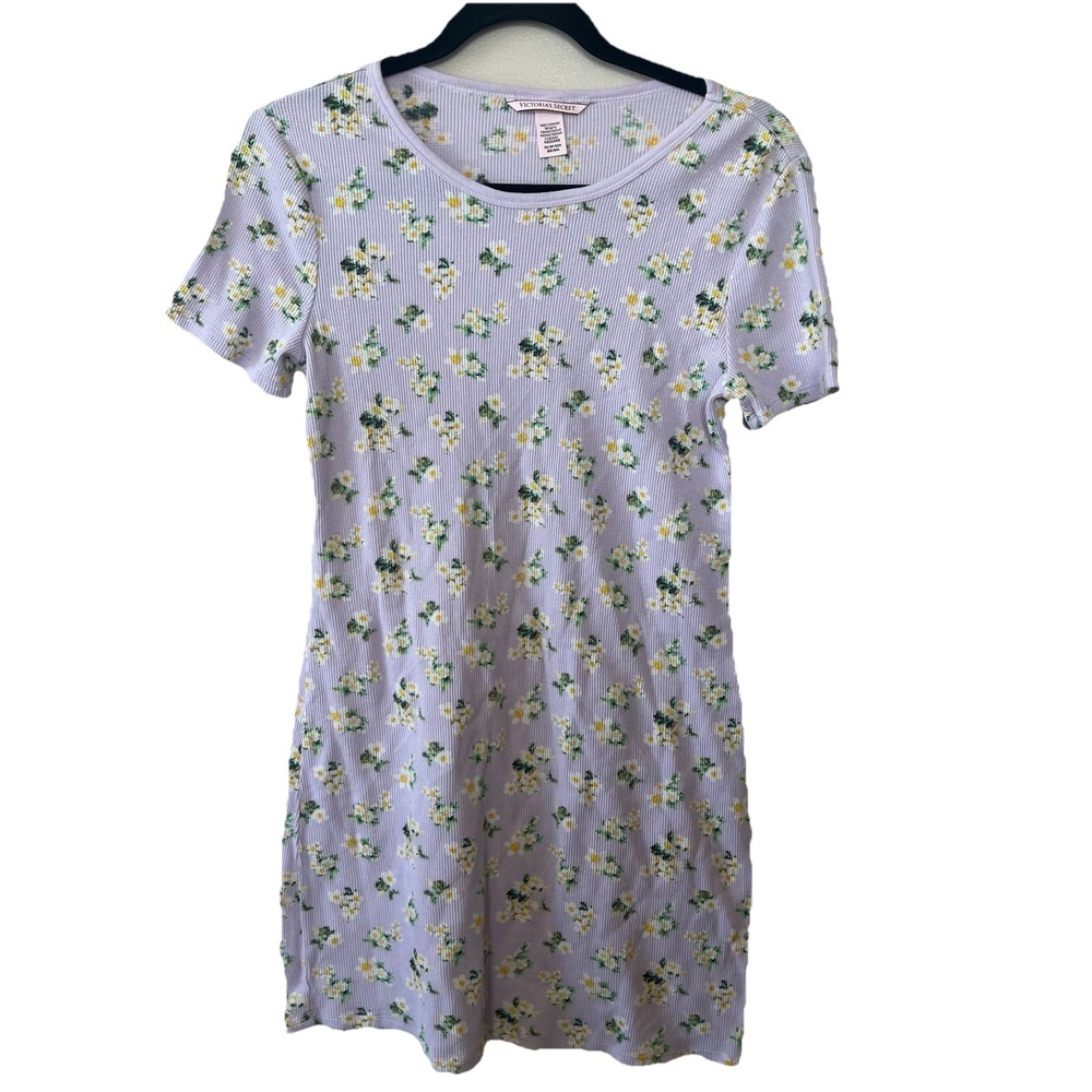 Victoria's Secret Nightgown Women‎ XS Short Sleeve Floral Ribbed Fitted Purple